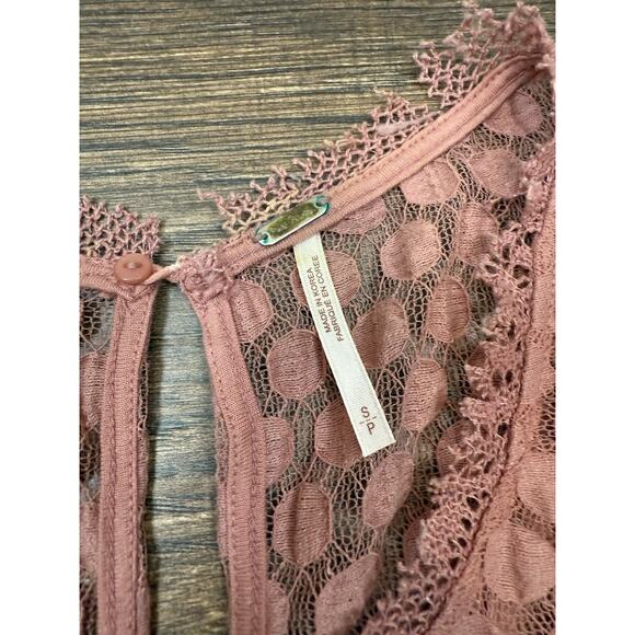 Free People Rustic Pink Lace Ruffle Sleeveless Crop Tank Top Sz S Sheer - Picture 5 of 8